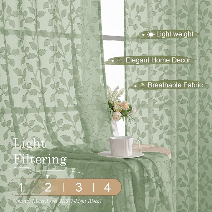 Chyhomenyc Sage Green Sheer Curtains 90 Inch Length 2 Panels Set, Light - Image 2