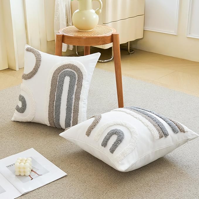 HOdo Home 18x18 Throw Pillow Covers, 2PCS Tufted Boho Jacquard Pillow Covers,Farmhouse Decorative Pillow Cover,Pillow Cases for Couch Sofa Bed Stylish Decor, Simple Textured Cushion Sham