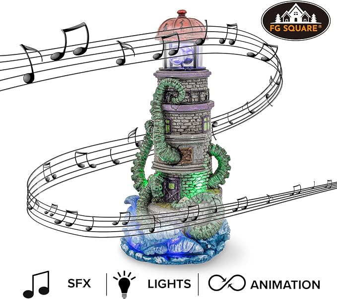 Lighthouse Attack Kraken Theme Spooky Halloween Village Multi-Color LED Lights, Animated Rotating Food Light and Music 6" x 5.5" x 12"