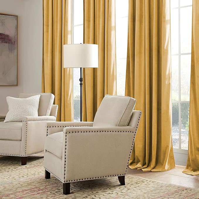 RYB HOME Mustard Yellow Velvet Curtains 84 inches, Back Tab Soft Fabric Room - Image 7