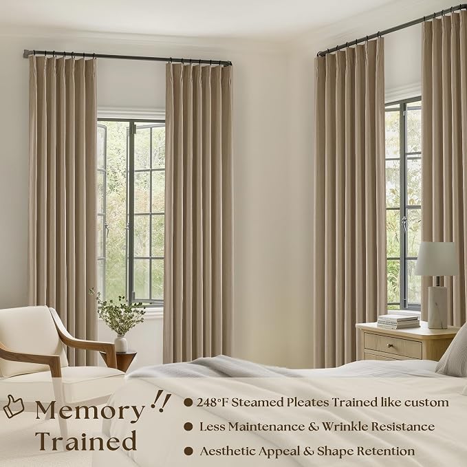 Light Brown Pinch Pleated Full Blackout Curtains Linen Blend 80 Inches Long | - Image 2