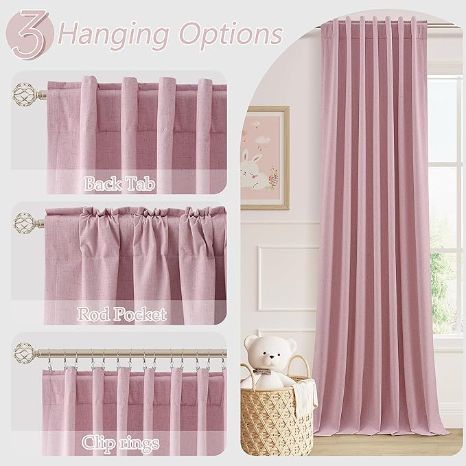 Rose 100% Blackout Linen Curtains 96 Inch Length 2 Panels Set - Image 6