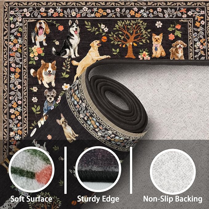 Black 4Ft Round Dogs Area Rug for Living Room Bedroom | Stain Resistant; Non - Image 7