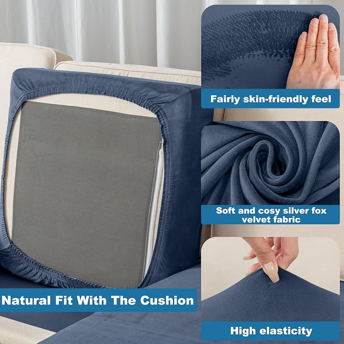 Couch Cover 3-Piece Elastic Velvet Couch Cushion Covers & Chaise Slipcovers - Image 6