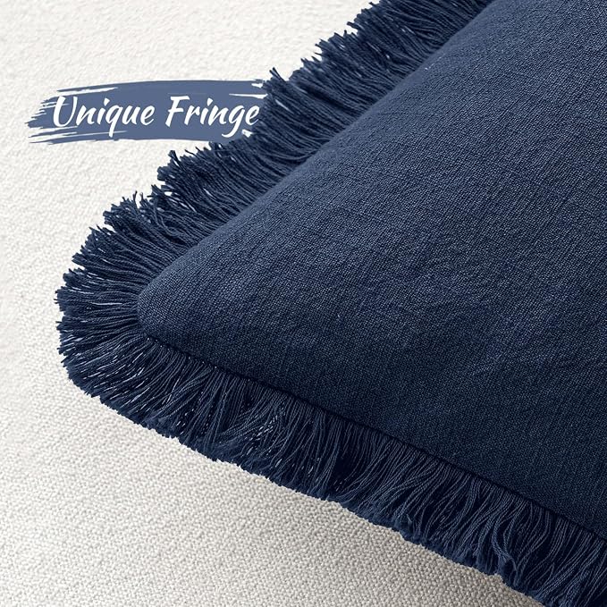 MIULEE Linen Fringe Decorative Lumbar Throw Pillow Covers Dark Navy 12x20 | Set - Image 3