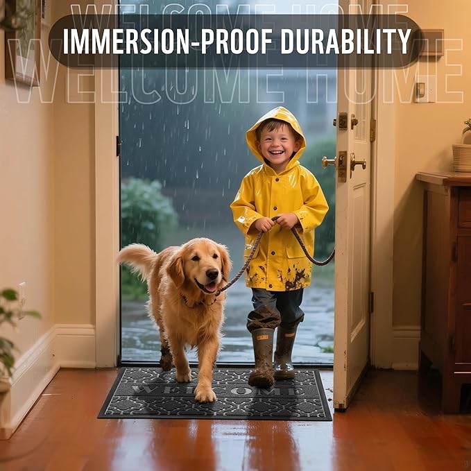 Yimobra Welcome Mat Outdoor Indoor, All-Season Waterproof Front Door Mat Outside Entrance, All-Weather Heavy Duty Non-Slip Doormat, Low Profile Porch Patio Entrance Mats, 47x24, Dark Grey