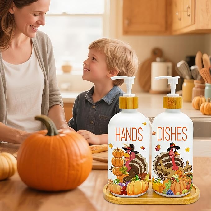 Hexagram Thanksgiving Decorations Indoor, Thanksgiving Kitchen Soap Dispenser Set of 2, Turkey Glass Soap Dispenser for Home Decor, Turkey Refillable Lotion Essential Oil Dispensers with Pump