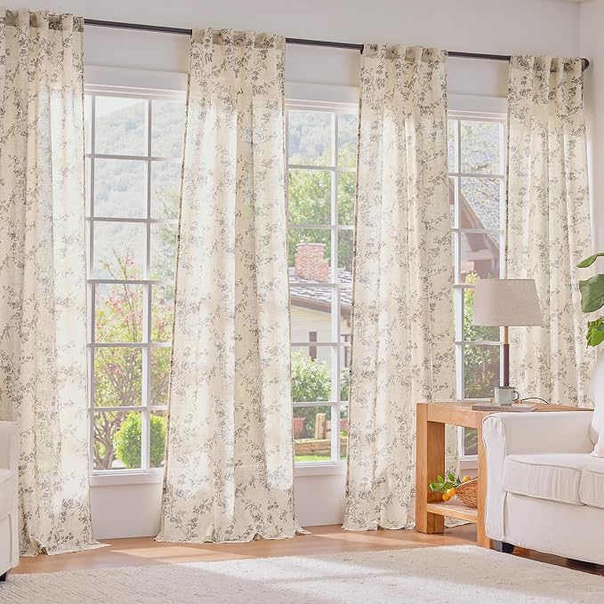 Lazzzy Grey Floral Linen Curtains 84 Inch Farmhouse Back Tab Drapes - Image 6