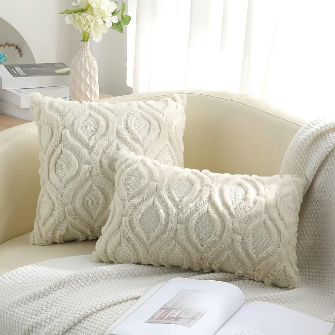 decorUhome Throw Pillow Covers 18x18 Inch Set of 2, Soft Plush Faux Wool Beige - Image 9