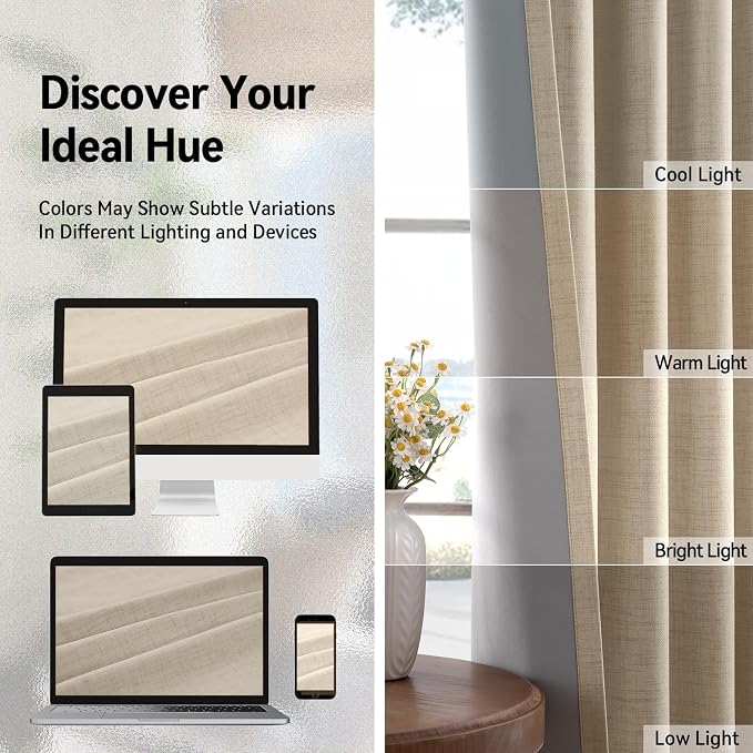 100% Blackout Linen Textured Curtains 108 Inch Long, Natural Flax | 100% - Image 8