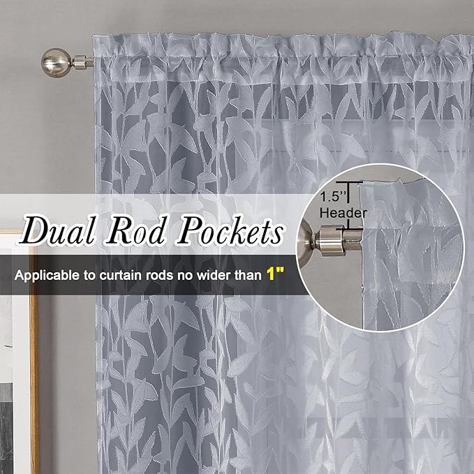 Lecloud Leia Light Grey Kitchen Sheer Curtains 24 Inch Length 2 Pcs, Jacquard - Image 2