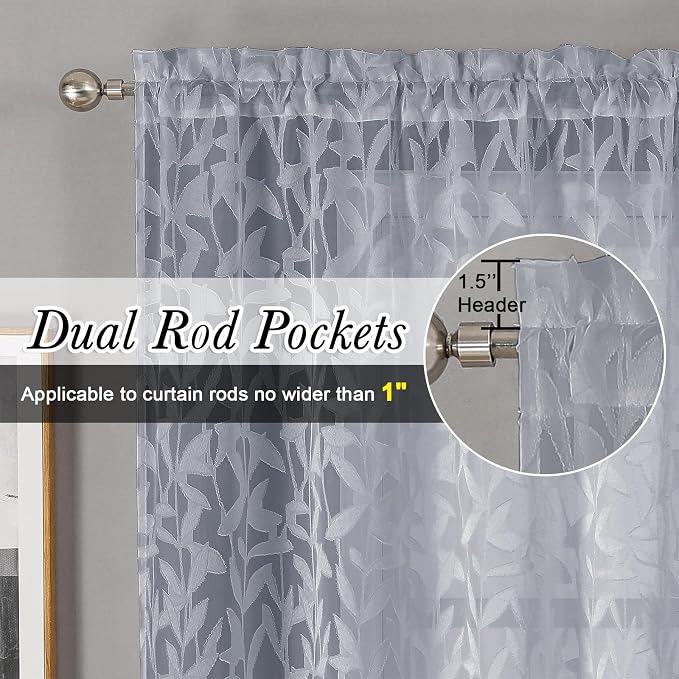 Lecloud Leia Light Grey Sheer Curtains 84 Inches Long 2 Panels, Semi Sheer - Image 2