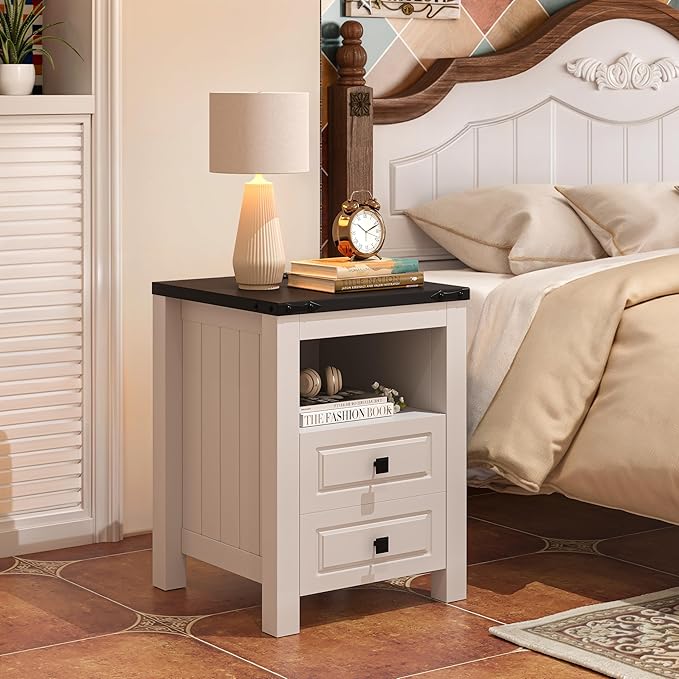 Apicizon End Table Set of 2, Farmhouse End Tables with Charging Station, Nightstand with Drawers and Storage Cabinet, Small Coffee Table for Small Spaces, Sofa Side Table for Living Room, Bedroom