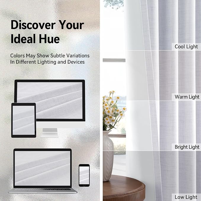 100% Blackout Linen Textured Curtains 90 Inch Long, Bright White | 100% - Image 6