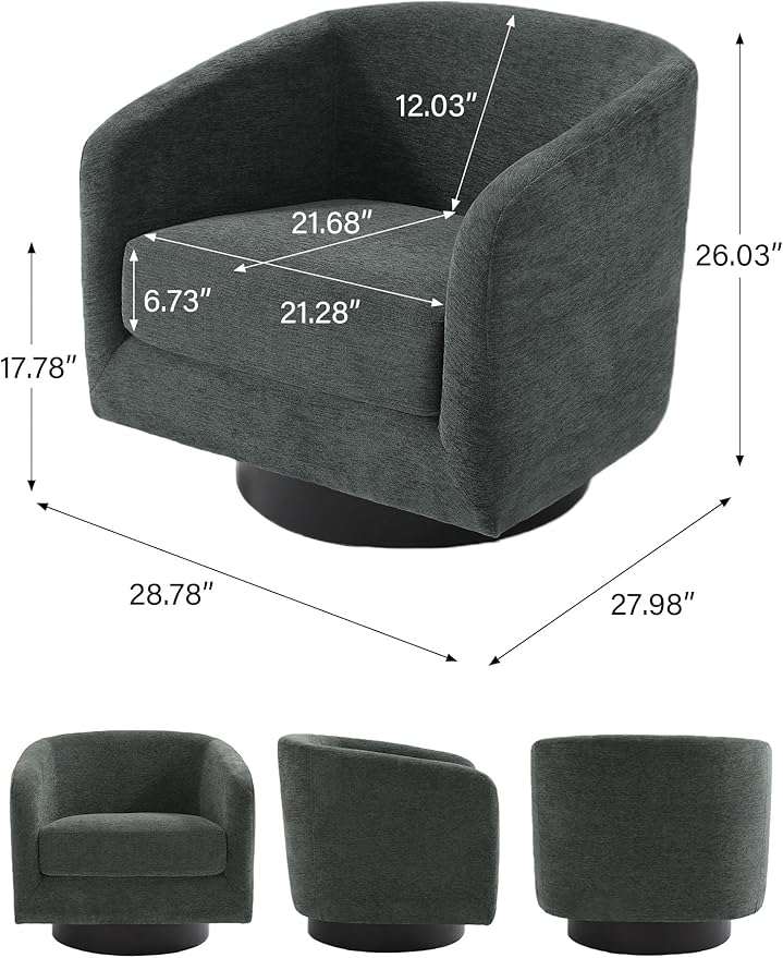Swivel Barrel Accent Chair, Modern Round Chenille Fabric Arm Chair for Living Room, Bedroom, Comfy Club Reading Chairs for Adults（Chenille Fabric, Grey, Set of 1