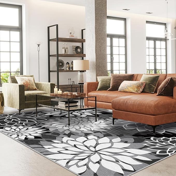 Indoor Outdoor Area Rug Washable Multicolored Rug Tropical Botanical Modern Floral Indoor Outdoor Carpet Black White Rug Non Slip Non Shedding for Patio, Deck, Backyard, Porch (9x12)