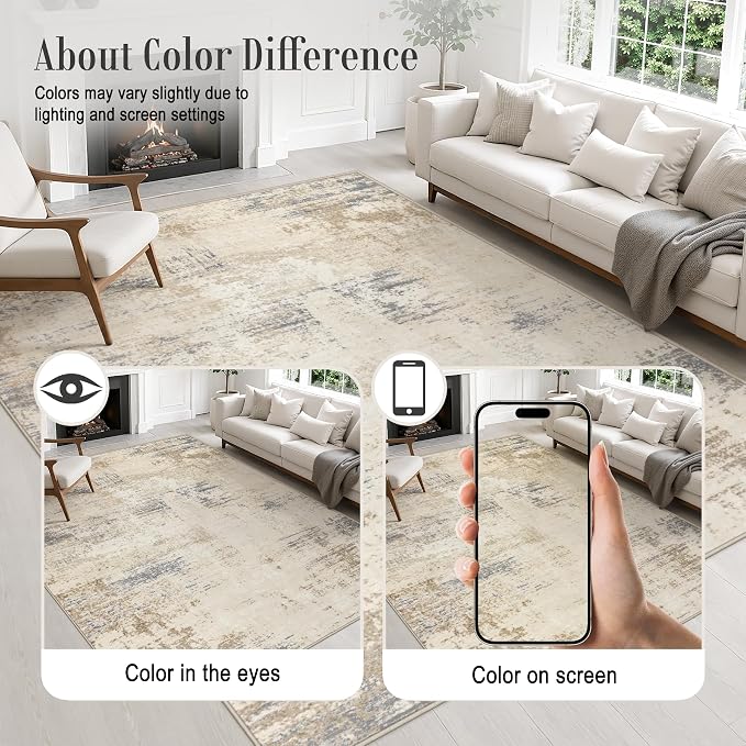 Area Rug Living Room: 4x4 Modern Washable Soft Carpet Beige Brown | - Image 6