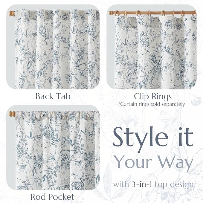 jinchan Floral Curtains 84 Inches Long Blue Flower Linen Farmhouse Curtain - Image 4