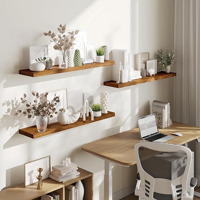 BAMEOS Floating Shelves, American Oak Wall Mounted Wooden Shelves with Invisible Brackets Set of 3, Hanging Wall Shelves Decoration for Bedroom, Bathroom, Living Room and Kitchen
