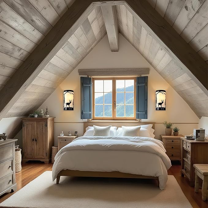 Wall Light Fixtures,Deer Cream White Parchment Rustic Wall Sconces,Farmhouse E26 Base Wall Sconce Light,Industrial Metal Black Sconce,Wall Lamps for Bedroom,Living Room,Hallway,Stairway