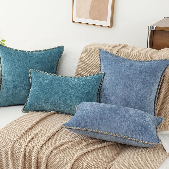 decorUhome Chenille Soft Throw Pillow Covers 16x16 Set of 2, Farmhouse Velvet Neutral Decorative Euro Pillow Covers with Stitched Edge for Couch Sofa Bed Home Decor, Teal