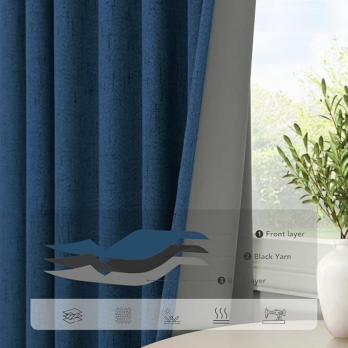 Navy Blue Black Out Curtains 96 Inches Long 2 Panels Linen Textured Blackout - Image 5