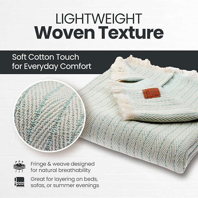 Gold Case Throw Blanket for Couch – 100% Recycled Turkish Cotton Blankets & Throws – Elegant Decorative Throw Blankets for Living Room Sofa – Woven Throws for Couch – Vintage Aqua– 50x60