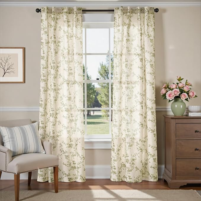 Lazzzy Green Floral Linen Curtains 84 Inch Farmhouse Back Tab Drapes - Image 2
