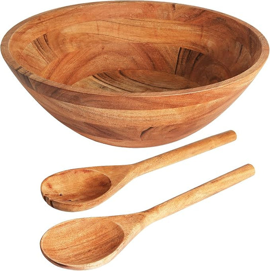 Luxe Designs Wooden Salad Bowl Set - Food Safe & Sustainable Decorative Bowl - Wood Bowl for Fruits, & Salads - Easy to Clean Large Salad Bowls Set w/Spoon, Fork – Wooden Bowls for Food (Natural)