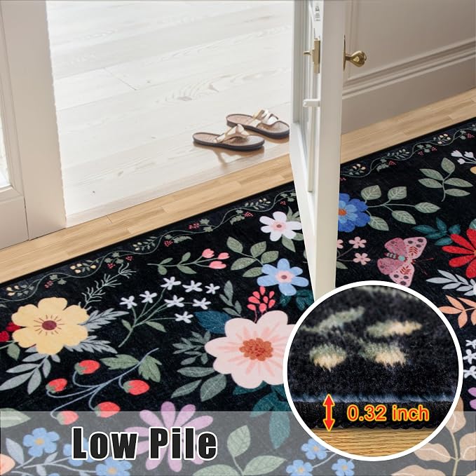 PLHXFR Area Rug 10x14 Living Room: Floral Washable Boho Soft Carpet Black | - Image 8