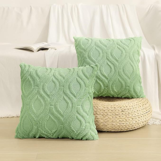 decorUhome Throw Pillow Covers 20x20 Inch Set of 2, Soft Plush Decorative Faux Fur Sage Green Solid Couch Pillow Covers, Accent Farmhouse Neutral Square Euro Pillow Cases for Sofa Bed Living Room
