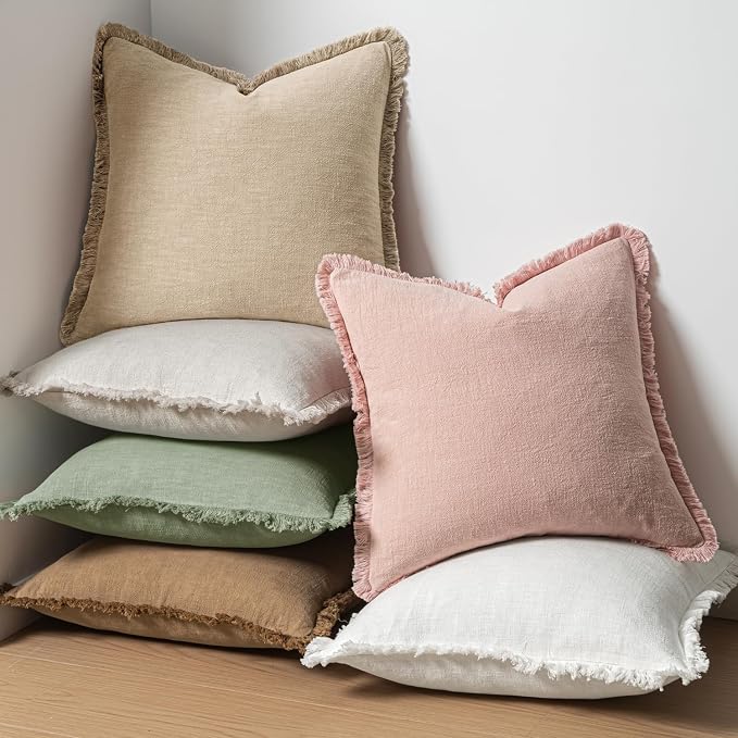 MIULEE Boho Linen Fringe Decorative Throw Pillow Covers Sage Green 18x18 | Set - Image 6