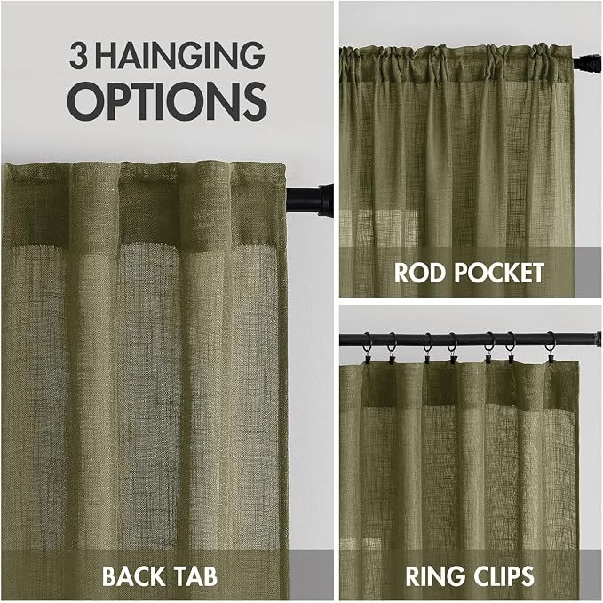 MIULEE Light Olive Green Linen Curtains 63 Inch Length 2 Panels - Image 3