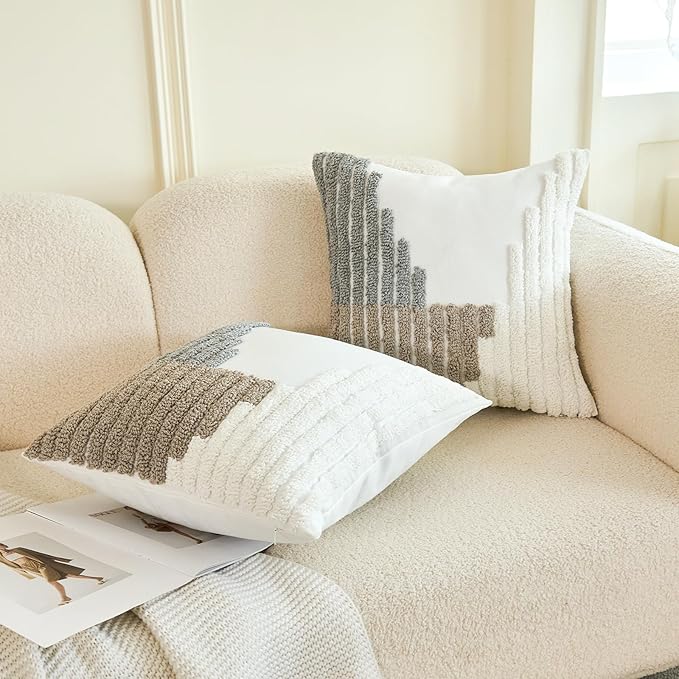 HOdo Home 18x18 Throw Pillow Covers, 2PCS Tufted Boho Jacquard Pillow Covers,Farmhouse Decorative Pillow Cover,Pillow Cases for Couch Sofa Bed Stylish Decor, Simple Textured Cushion Sham