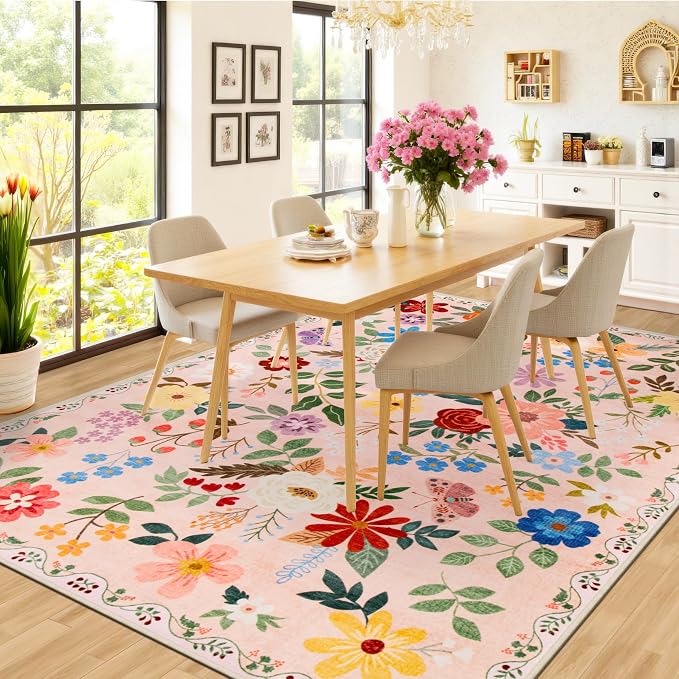 PLHXFR Area Rug 9x12 Living Room: Floral Washable Boho Soft Carpet Beige | - Image 4