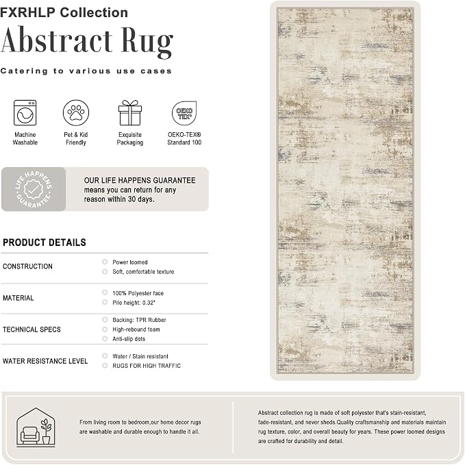 2.6x14 Washable Runner Rug:Modern Abstract Soft Carpet Beige Brown | - Image 2