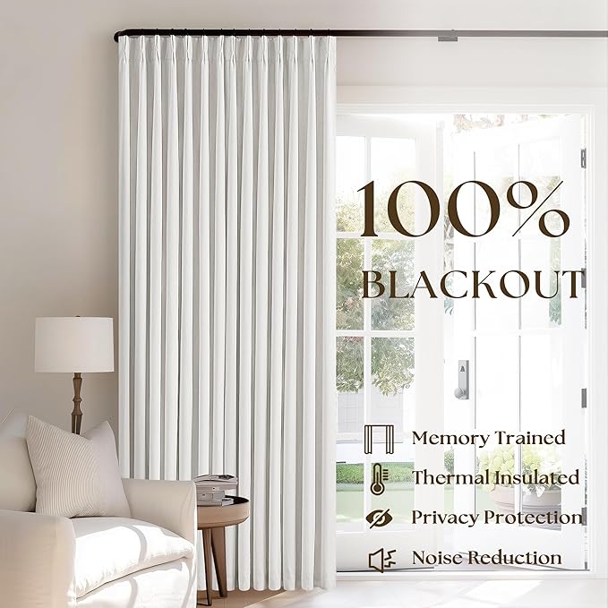 Pinch Pleat 100% Blackout Curtains 86 Inch Length 2 Panels Set | Beige White - Image 3
