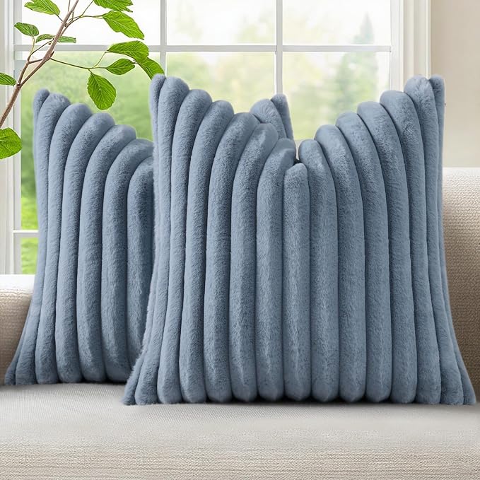 decorUhome Fall Faux Fur Throw Pillow Covers 24x24 Set of 2 Grey Blue | by decorUhome