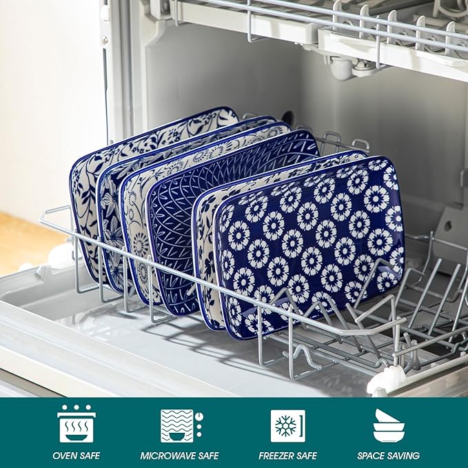 vancasso Selene 9.5 Inch Rectangular Dinner Plates Set of 6, Ceramic Salad Plates for Dessert, Appetizer, Porcelain Serving Platters for Entertaining, Microwave & Oven Safe, Vintage Blue & White Color