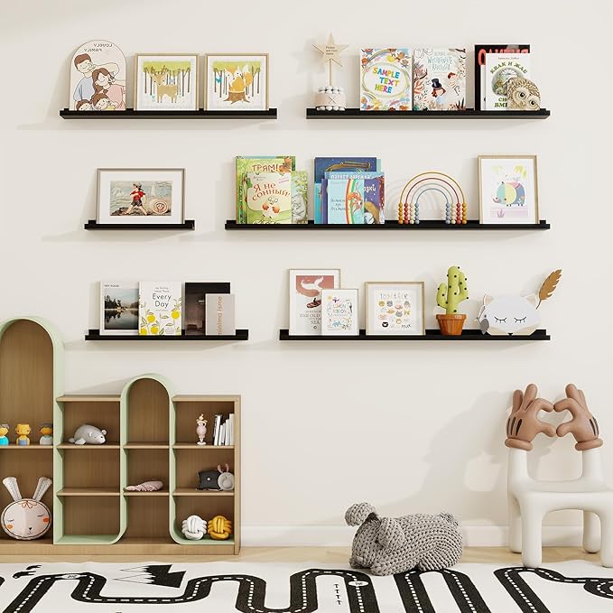 Picture Ledge Shelf, Solid Pine Wood Floating Shelves Set of 4, 16 Inches Nursery Book Shelves for Toys Storage, Kids Bookshelf Wall Mounted for Living Room Decor Photo Frames, Black
