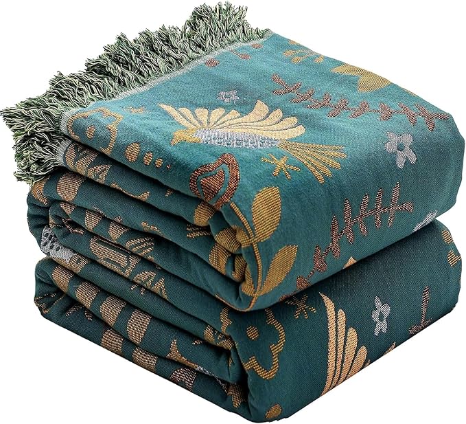 Boho Throw Blanket for Bed Couch 100% Cotton Woven Bed Throws for All Season Lightweight and Soft Cozy Farmhouse Reversible Muslin Decorative Blanket for Travel Picnic, Teal/Cream, 60''x80''
