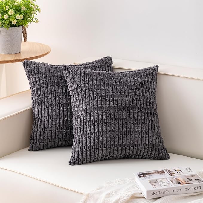 Pack of 2 Corduroy Decorative Throw Pillow Covers 22x22 Inch, Dark Grey | Fall by Unknown