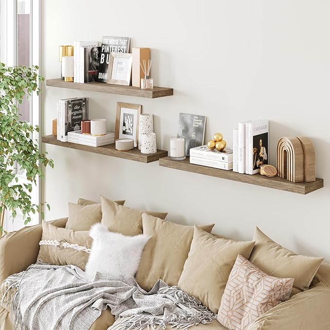 BAMEOS Floating Shelves,40 in W x 8in D Wall Mounted Wooden Shelves with Invisible Brackets Set of 3, Hanging Wall Shelves Decoration for Bedroom, Bathroom, Living Room and Kitchen