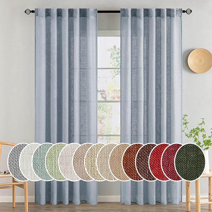 MIULEE Chambray Blue Linen Curtains 96 Inches Long 2 Panels by MIULEE