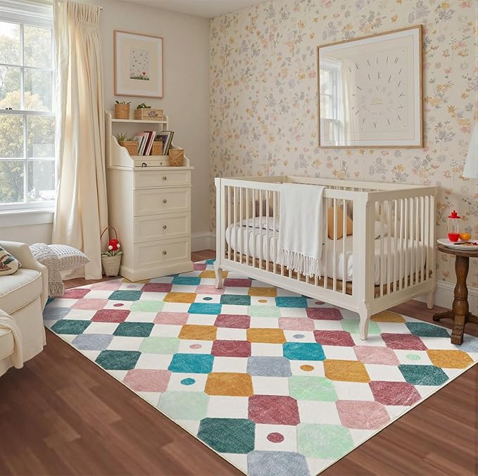 jinchan Area Rug 5x7 Kids Washable Indoor Floor Cover Non-Slip Modern Soft Rug Elementary School Classroom Colorful Diamond Carpet for Nursery Playroom Daycare Bedroom Living Room Confetti on Cream