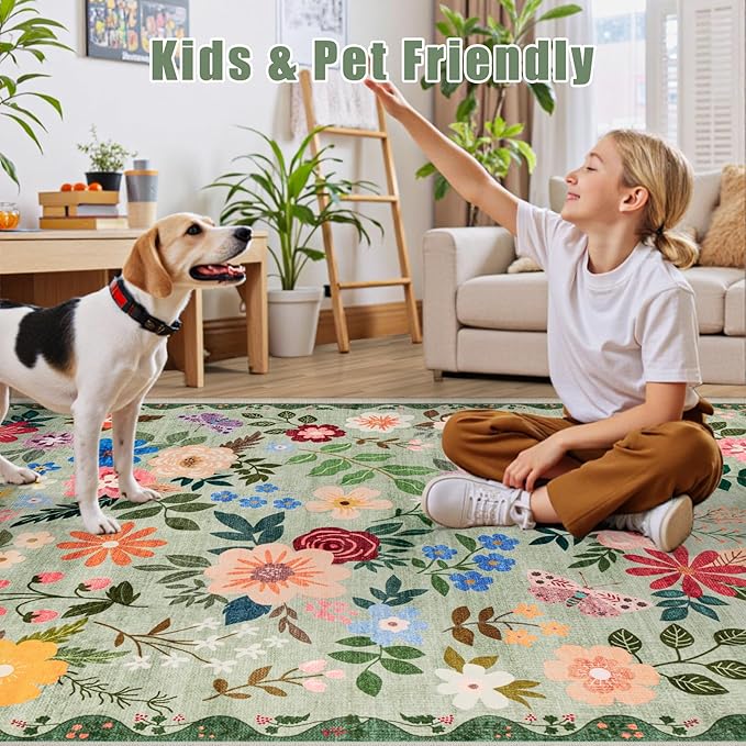 PLHXFR 2x5 Washable Runner Rug：Floral Indoor Kitchen Soft Carpet Green | - Image 6