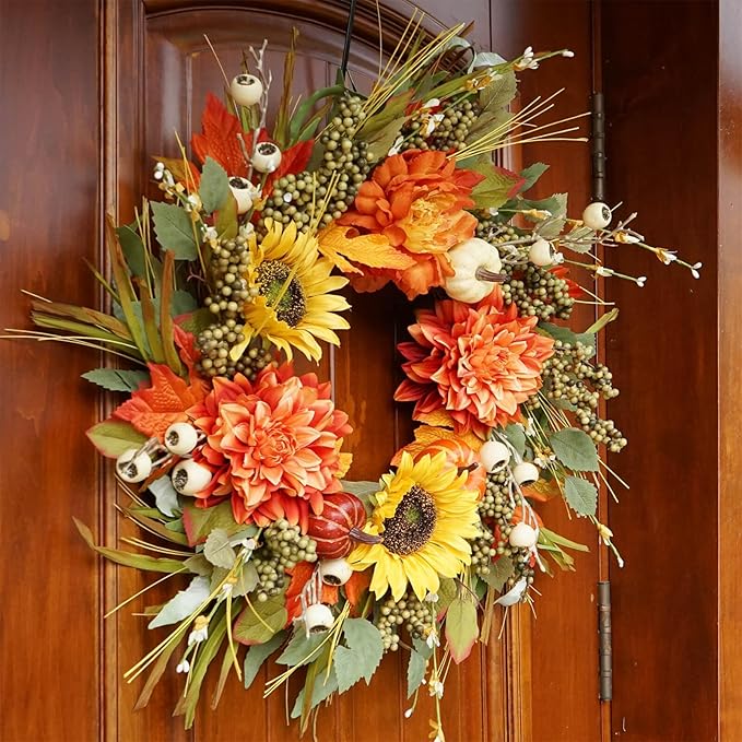 Fall Wreaths for Front Door 24 Inch Fall Wreath with Pumpkins, Sunflowers & Berries – Outdoor Autumn Wreath for Porch, Thanksgiving, Halloween & Harvest Decor