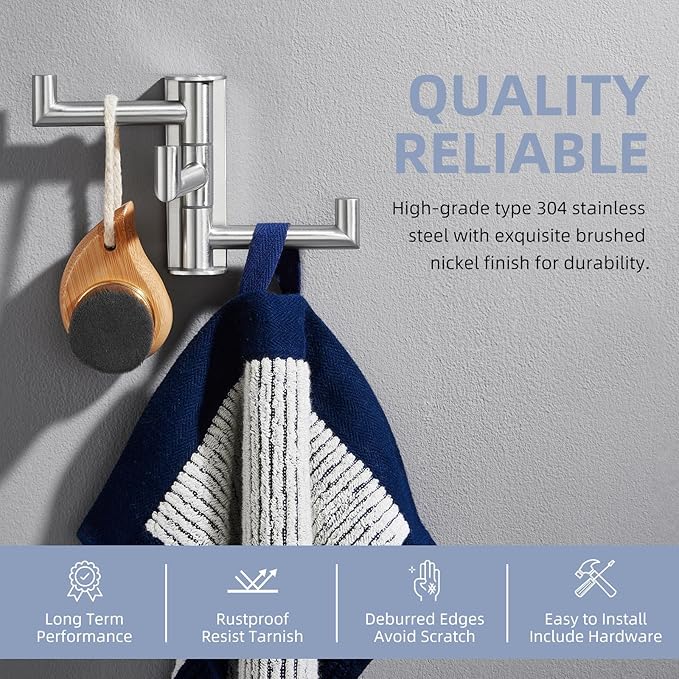 Angle Simple Swivel Towel Hook 3 Arms, SUS 304 Stainless Steel Foldable Robe Towel Hook for Bathroom, Wall Coat Holder, Brushed Nickel