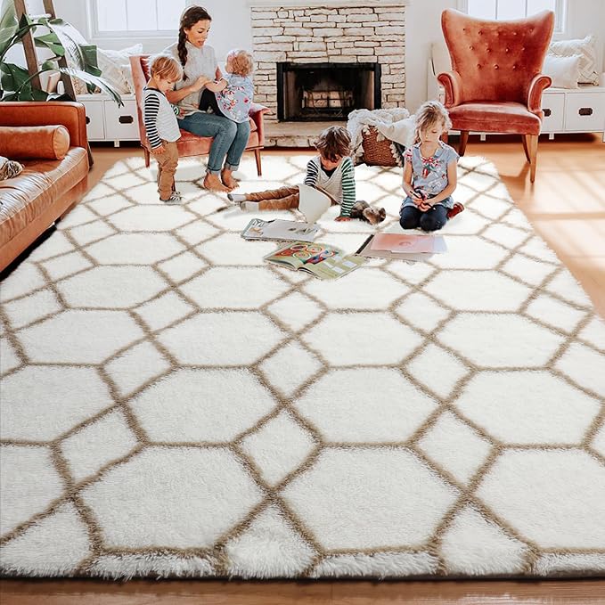 Area Rugs for Living Room, 5x8 Fluffy White and Beige Bedroom Geometric Rug | - Image 8
