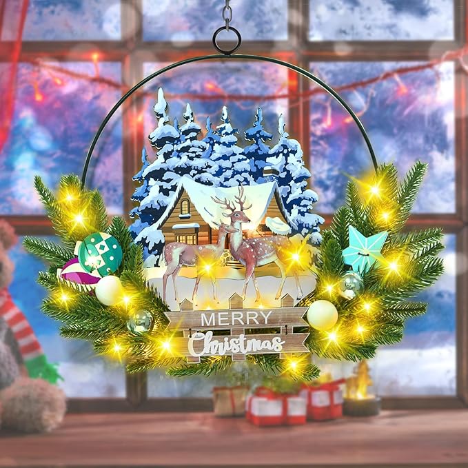Light up Christmas Wreaths for Front Door, Welcome Metal Wooden Door Wreath Decor Hanging Sign, 30 LED Lighted Wall Decor Battery Operated for Halloween Indoor Outdoor (Deer)
